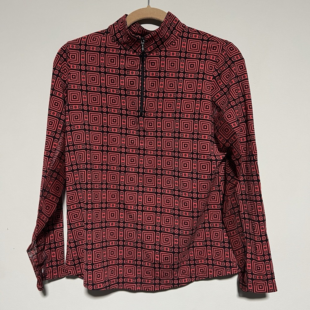 IBKUL Womens Quarter Zip Pullover Top Red Black Geometric UPF 50+ Sz Medium FLAW